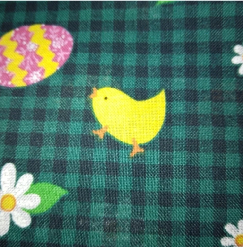 FABRIC 100% cotton Easter eggs chicks and daisies on green & black Gingham 5yds